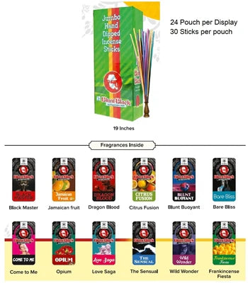 Blunt Black 19" JUMBO Hand Dipped Incense Sticks - 1 Display containing 12 Different Fragrances, 24 pouch total (30 Sticks per Pouch)